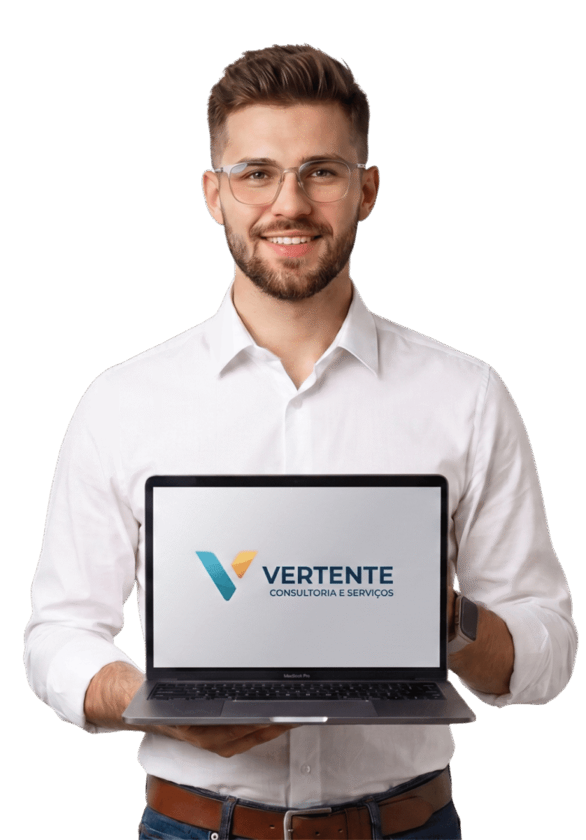 Consultor da Vertente apresentando a plataforma Sienge em um notebook